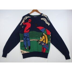 Vintage Hathaway Golf Sweater Size Medium Hand Intarsia 90's Knit Pullover Navy